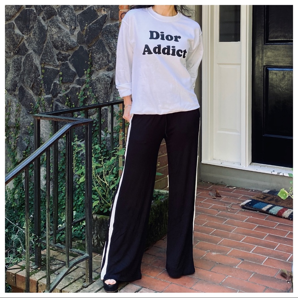 Black wide leg white side striped pants w/pockets - Picture 10 of 10
